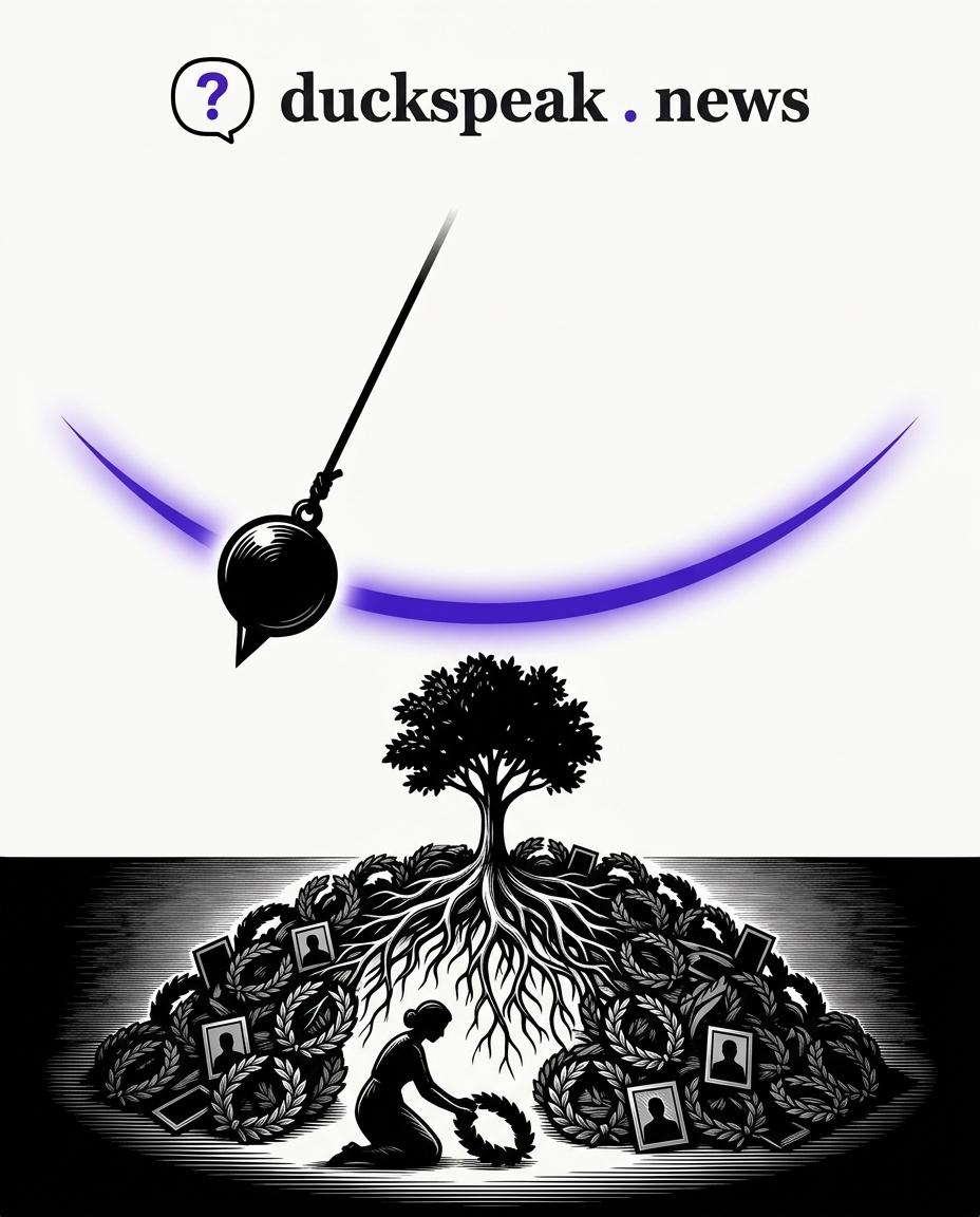 The pendulum keeps swinging with no hand on the string. Below, the roots that grew this from the ground up disappear under one more wreath.
