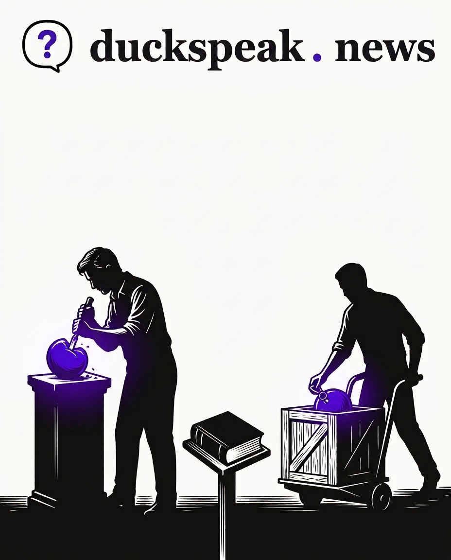 One hand carves; the other seals an identical piece into a crate and wheels it off. Between them, the one book that could tell the two apart stays shut.