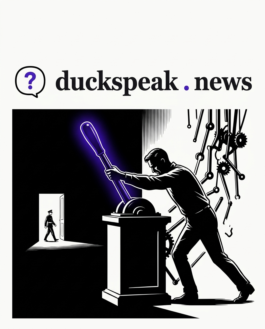 He pulls the lever with his whole weight. Behind the pedestal, the linkage trails off into loose rods, attached to nothing at all.