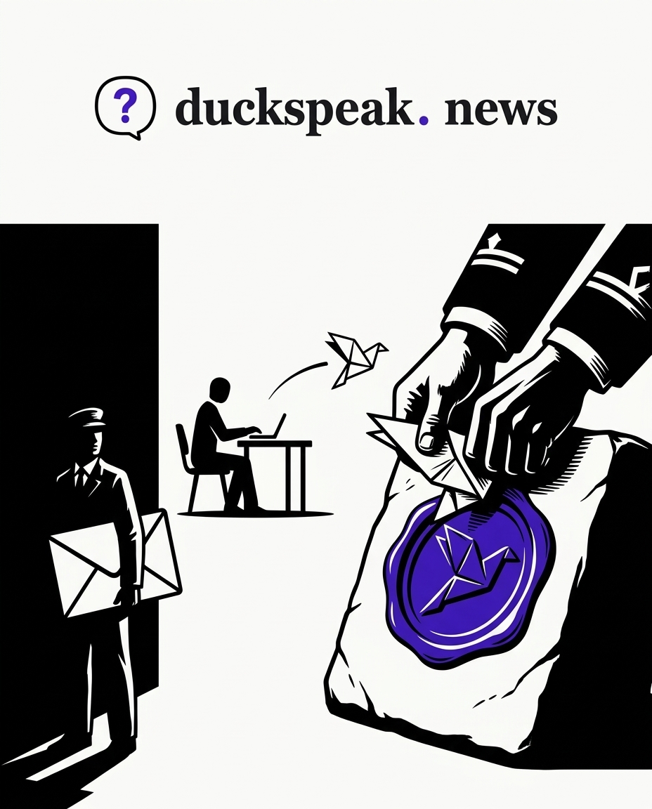 A paper bird leaves his desk and lands as a seal on stone. The envelope with the real answer stays sealed, in the dark, unread.
