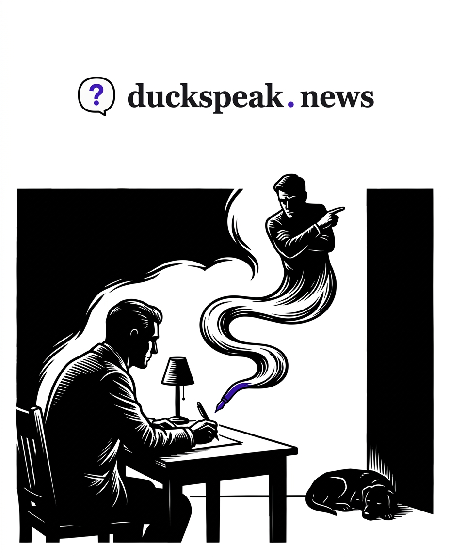 The dog says nothing. From the pen, a whole accusing figure rises out of smoke anyway.