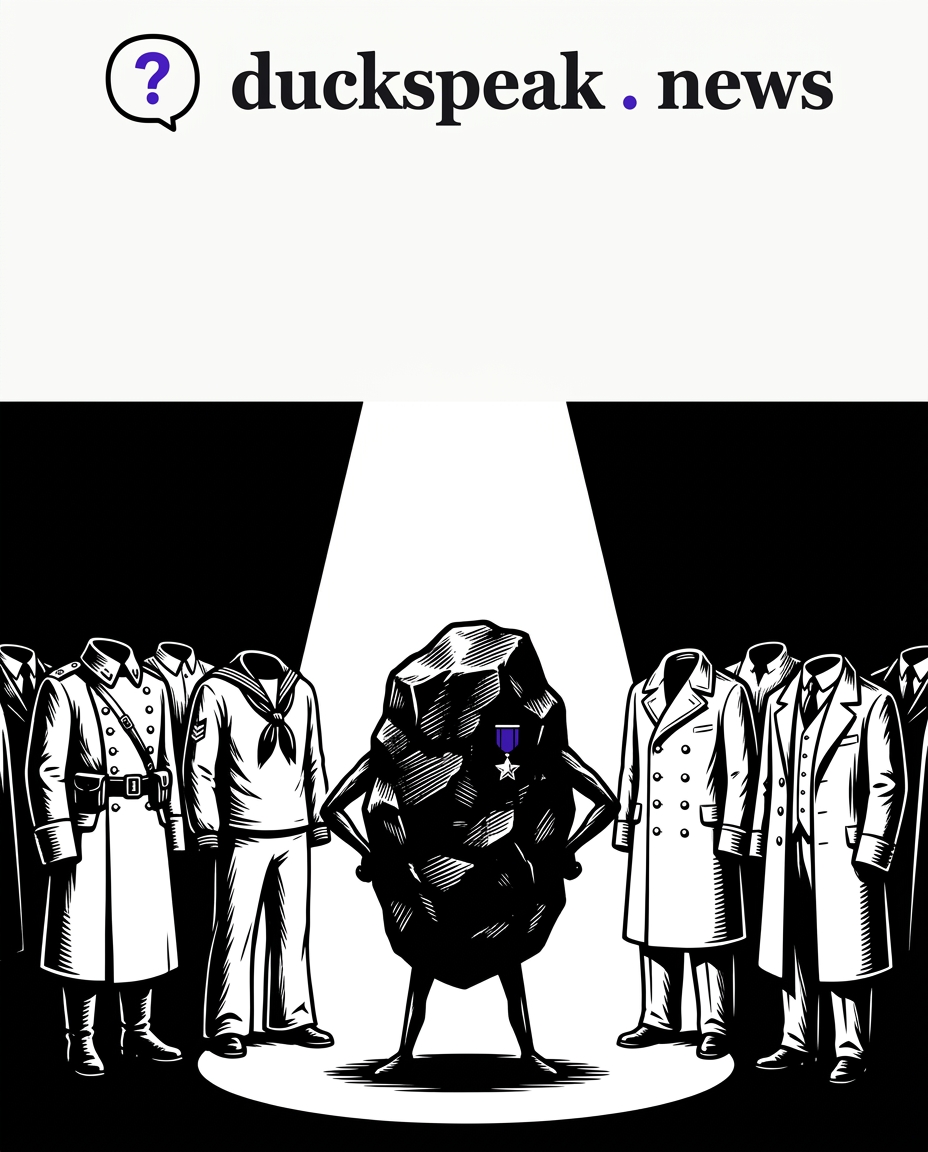 Le charbon prend la pose du survivant décoré. Autour de lui, des uniformes vides tiennent debout tout seuls, sans personne dedans.