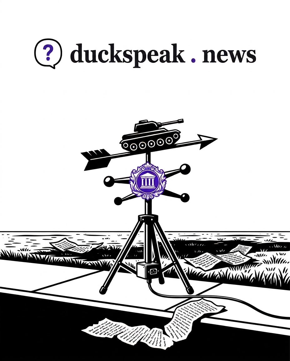 A tank rides the weathervane's arrow, a bank crest bolted where the compass rose should be. The fine print blew off into the grass.