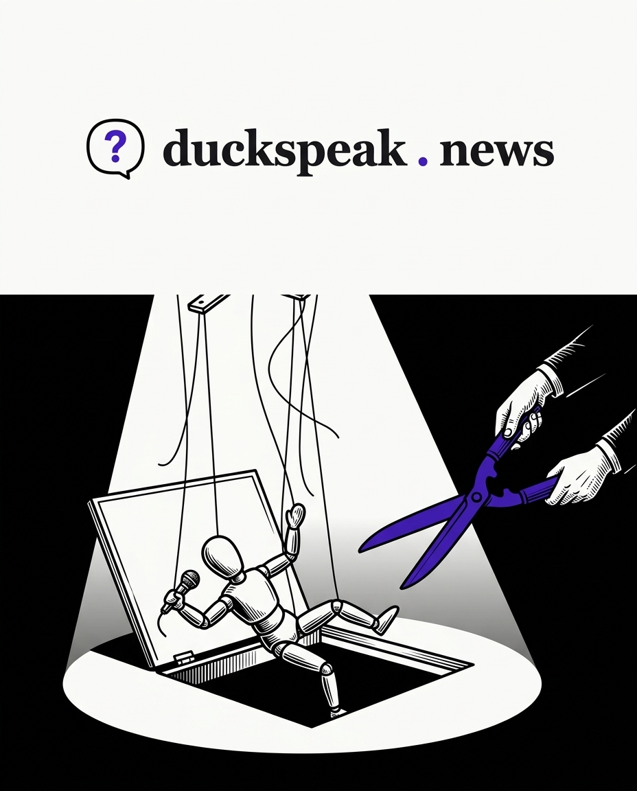 The strings are cut, the puppet falls through the trapdoor. Just outside the spotlight, the hand still holds the scissors.