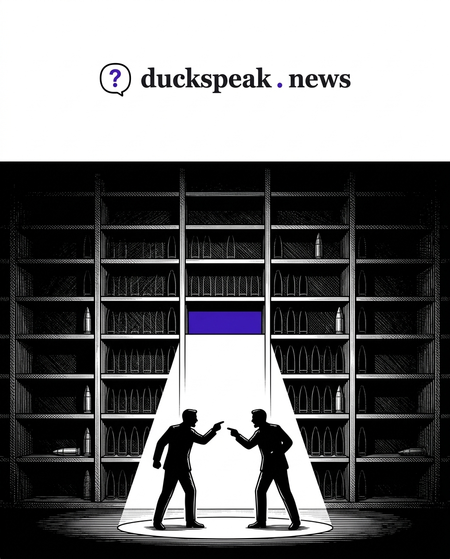 Two men point fingers under the one light on stage. Behind them the rack stands almost bare, nobody looking that way.