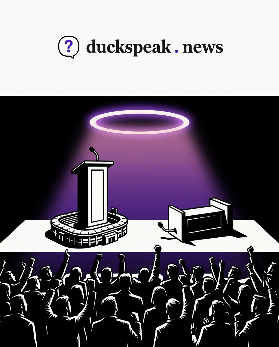One lectern stands tall on a stadium. The other lies empty on the floor. Overhead, the light everyone looks at instead.