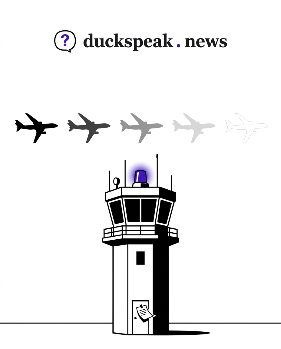 La tour est vide, le signal brille quand même. Le cinquième avion passe presque invisible, et l'avis punaisé sur la porte n'intéresse personne.