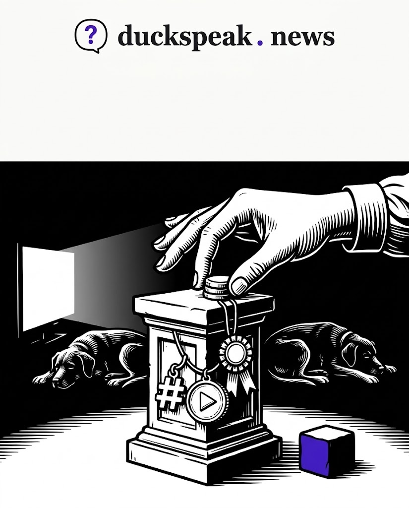 The trinkets pile onto the pedestal: a hashtag, a play button, a ribbon. The dogs sleep through it, backs to the screen, and the one plain block stays on the floor.