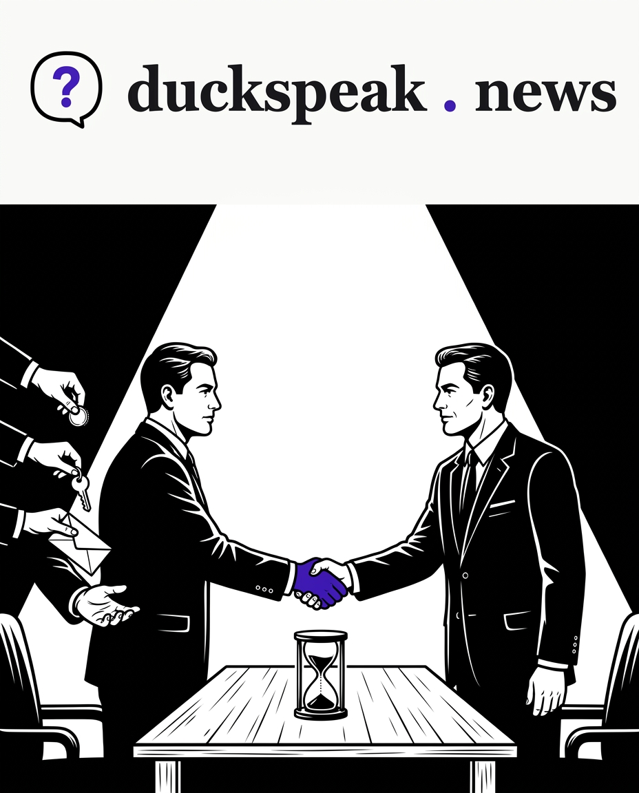 In the spotlight, a handshake. Behind his back, a coin, a key and an envelope land in his other hand, while the last of the sand runs out on the table.