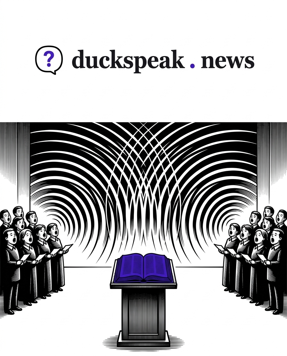 Two choirs, singing at each other until the sound waves tangle. Between them, the open report on the lectern gets no one's attention.