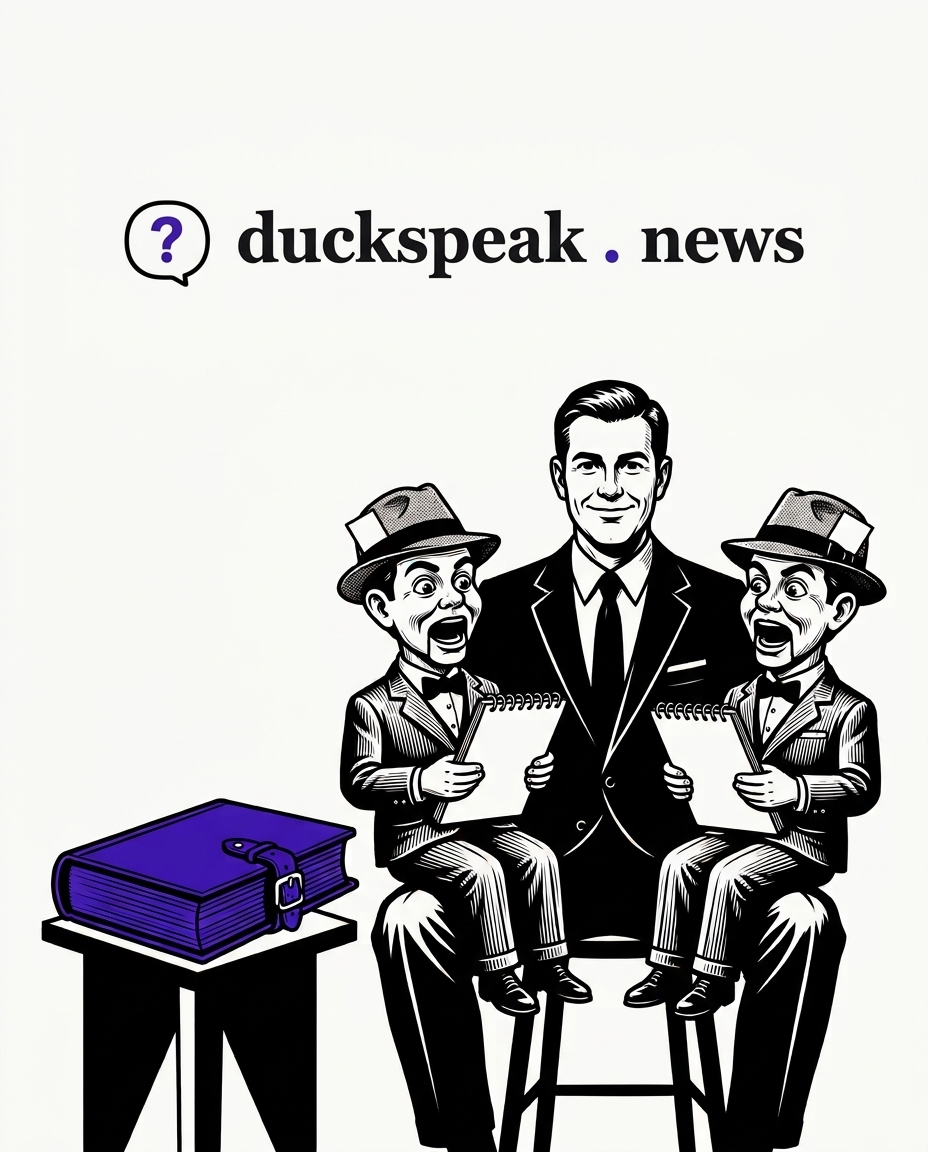Both dummies have their mouths wide open. The man holding them never parts his lips, and the ledger on the table stays buckled shut.