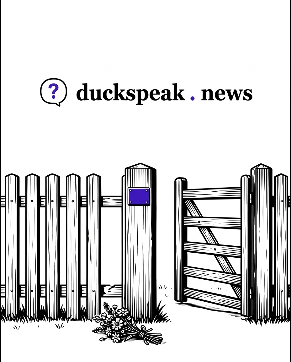 A gap in the fence, a gate left open, flowers at the foot of the post. The plaque that would say whose fence it is has nothing on it.
