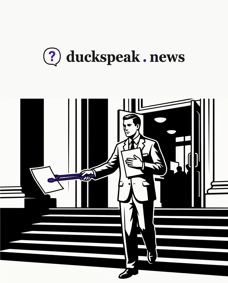 One sheet held out at the end of the tongs, the other pressed to his chest like a settled fact. Behind him, the courthouse lights are still on.