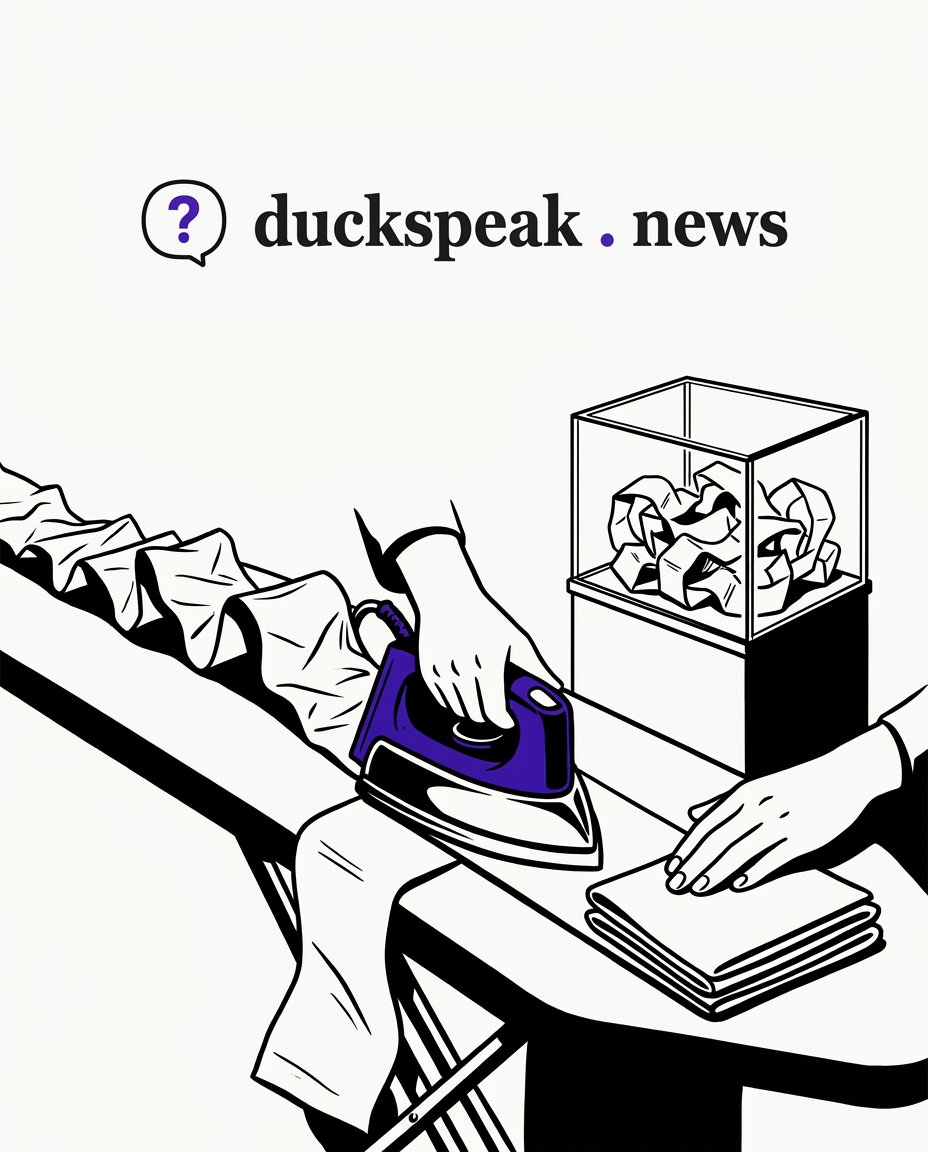 The crumpled transcript goes in one end, the iron passes, and it comes out flat and neatly folded. The original sits in its glass case, still creased.