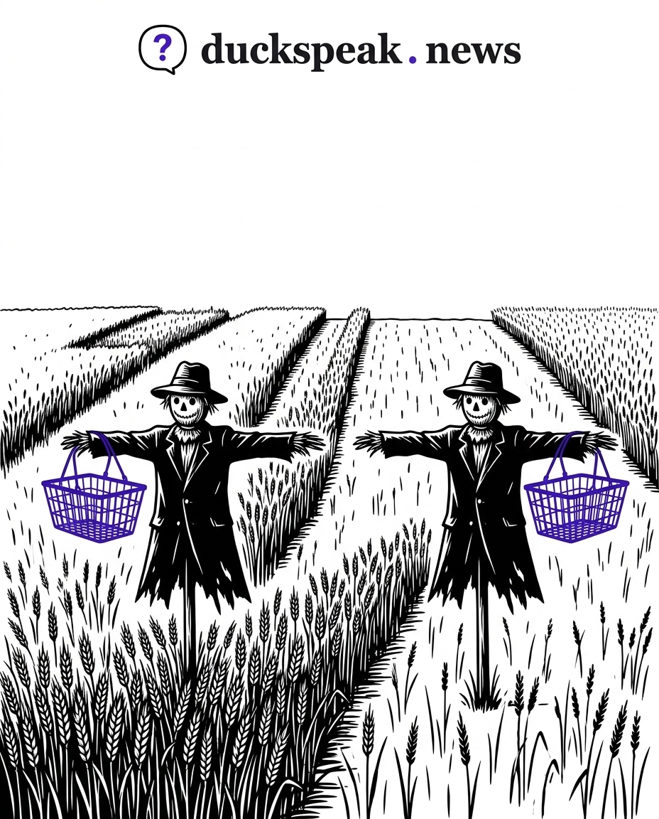 Two identical scarecrows, each holding out an empty basket as a warning. Behind them, the field is patchy, not ruined.