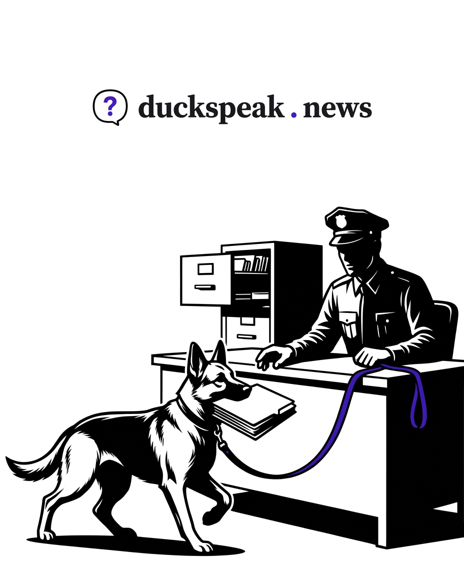 The watchdog trots back to the desk with the file in its mouth. Its leash runs to the man it was sent to watch, and the drawer stays open.