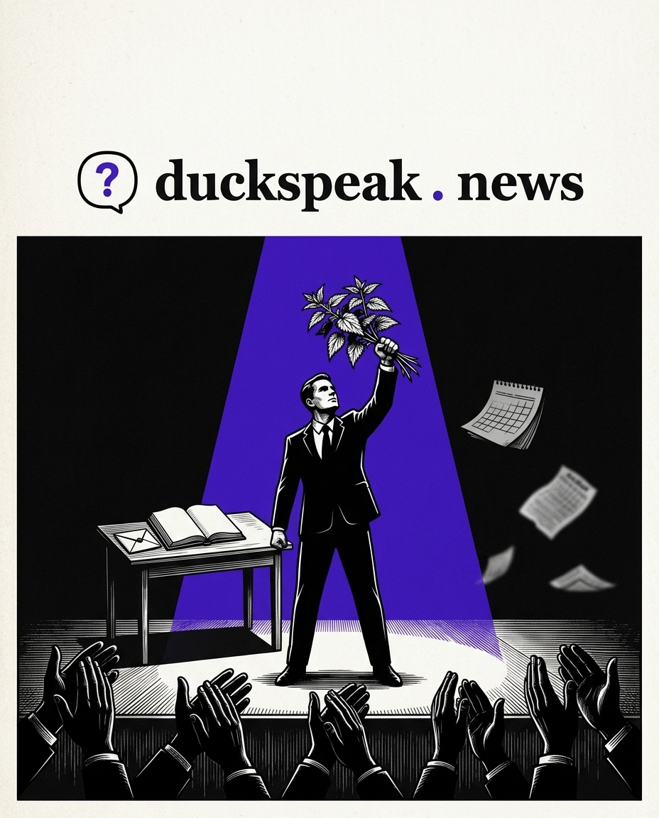 He holds the nettle up to the light, and the applause comes on cue. On the desk behind him, the ledger lies open and blank, the envelope stays sealed, and the calendar pages drift off into the dark.