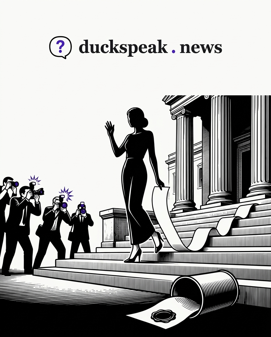 She waves to the flashbulbs on the courthouse steps, the old receipt still trailing behind her. At the foot of the stairs, the charity tin lies empty on its side, the forged paper underneath, and no lens turns that way.