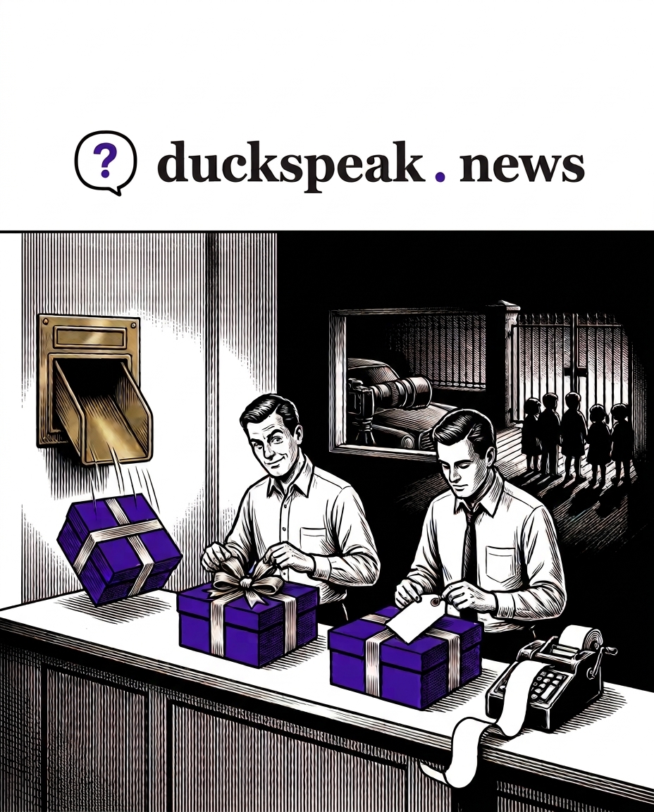 The same box drops from the chute, again and again. One clerk ties a bow with a knowing look, the other prices it. Through the window behind them, a long lens watches a school gate.