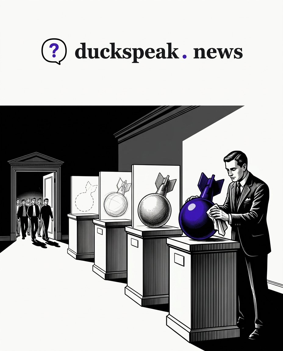 Dotted outline, sketch, shading, cast iron: the same bomb hardens from plinth to plinth while a man polishes the last one. At the far end, the men who were arrested walk out the door, uncharged.
