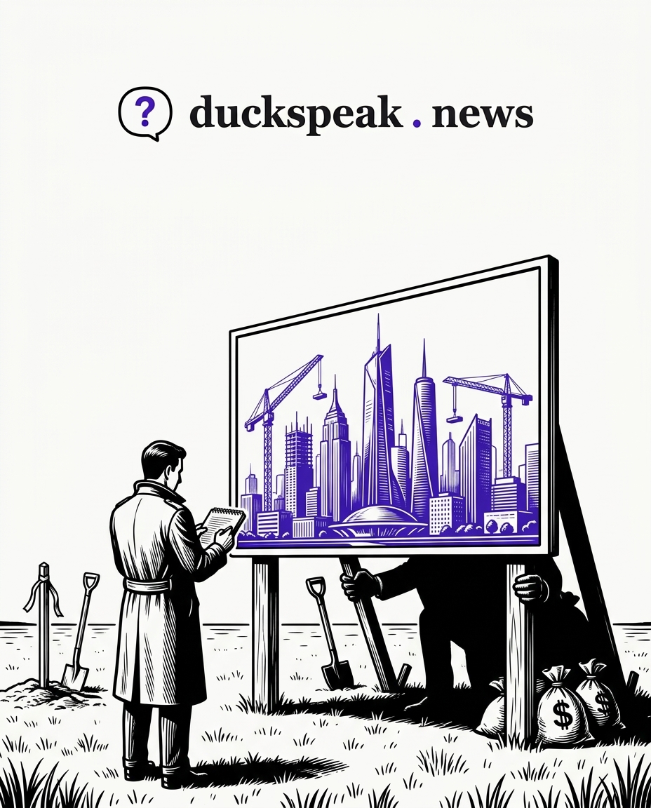 Le reporter recopie la ville de l'affiche, grues comprises. Autour, un piquet, deux pelles et un champ vide ; derrière le panneau, des mains sans visage tiennent les étais, les sacs d'argent à leurs pieds.