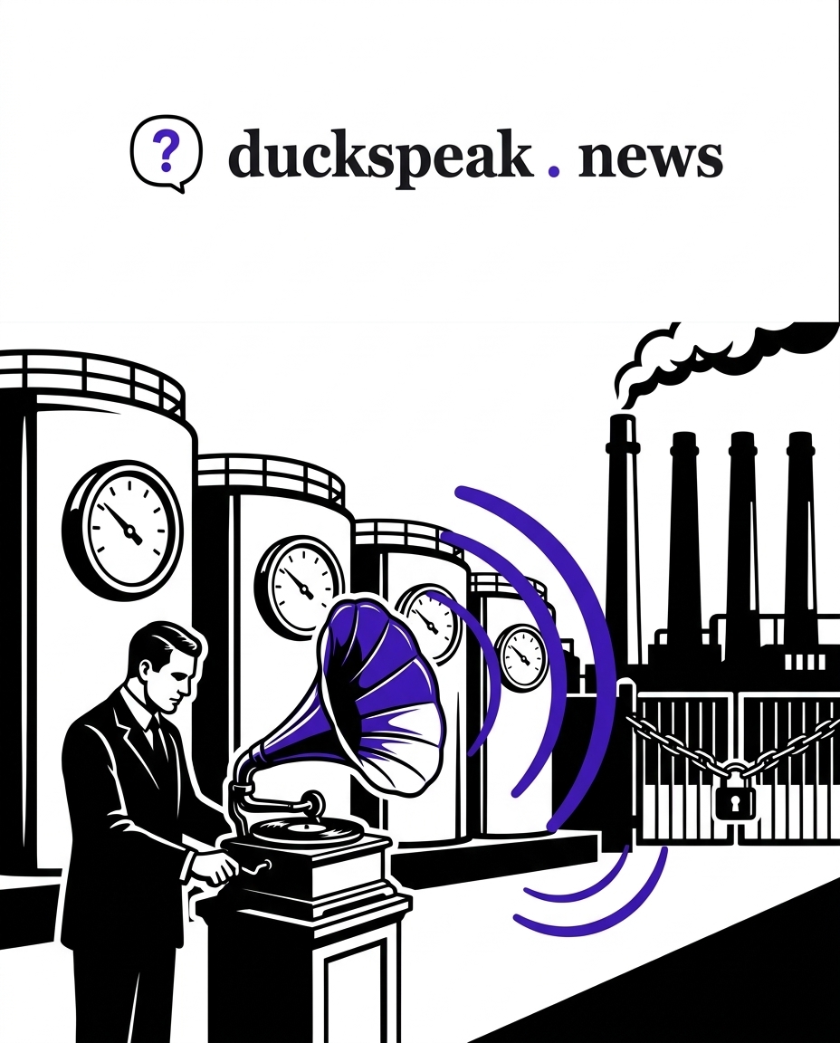 He keeps the crank turning, and the same groove plays to the yard. Behind him, the needles on the tanks sit low, three chimneys out of four have gone cold, and the gate is chained.