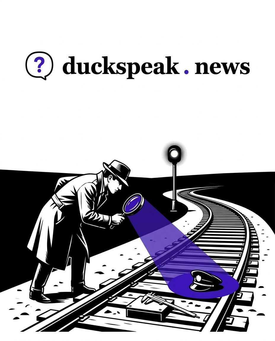 The magnifying glass finds the driver's cap and stays there. Beneath the rails, the warning box and the caliper beside it wait for someone to look down, and the track curves away out of sight.
