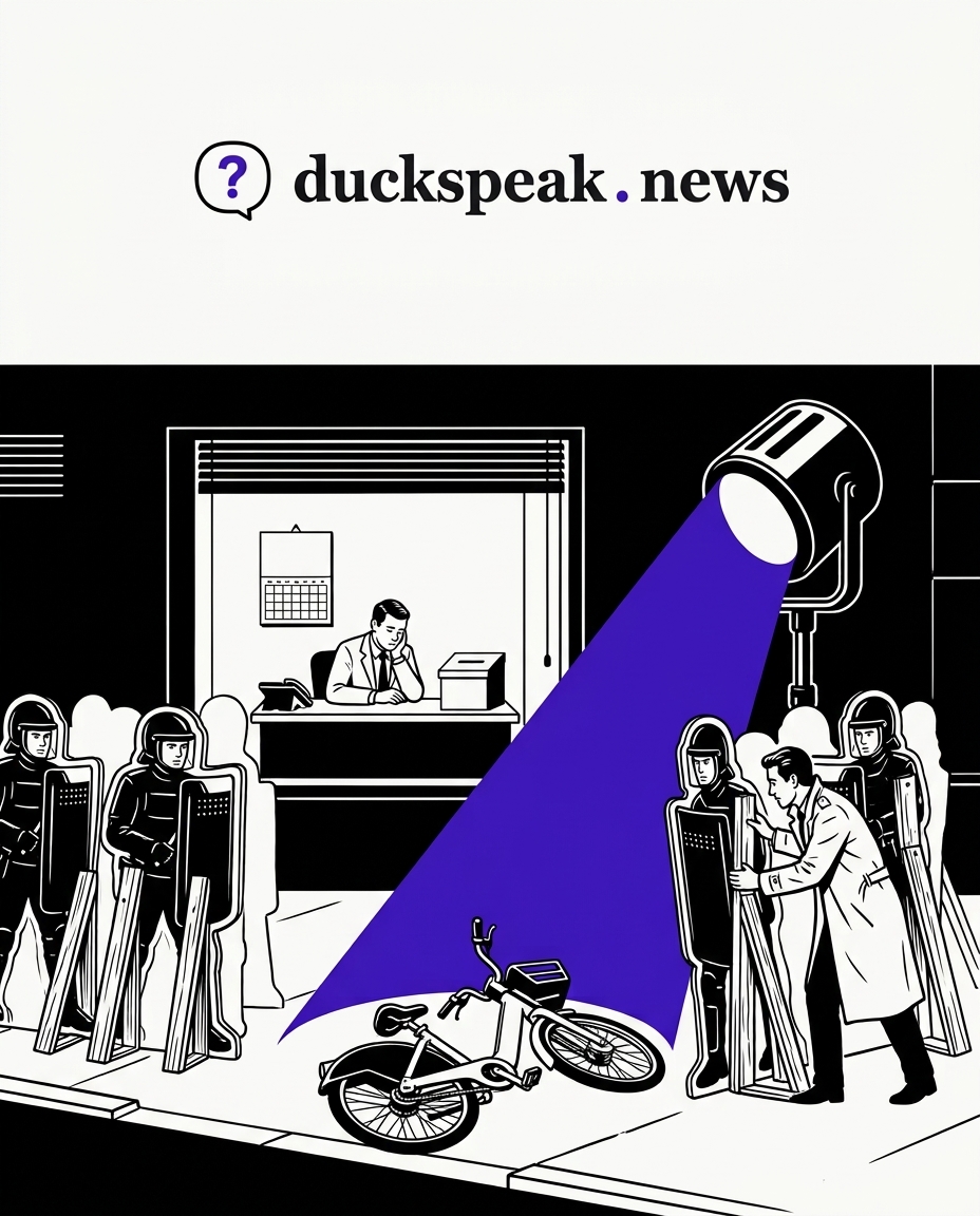 Cardboard riot police, a searchlight, one bike on its side. Through the window, the consultation sits under a blank calendar, its suggestion box still closed.