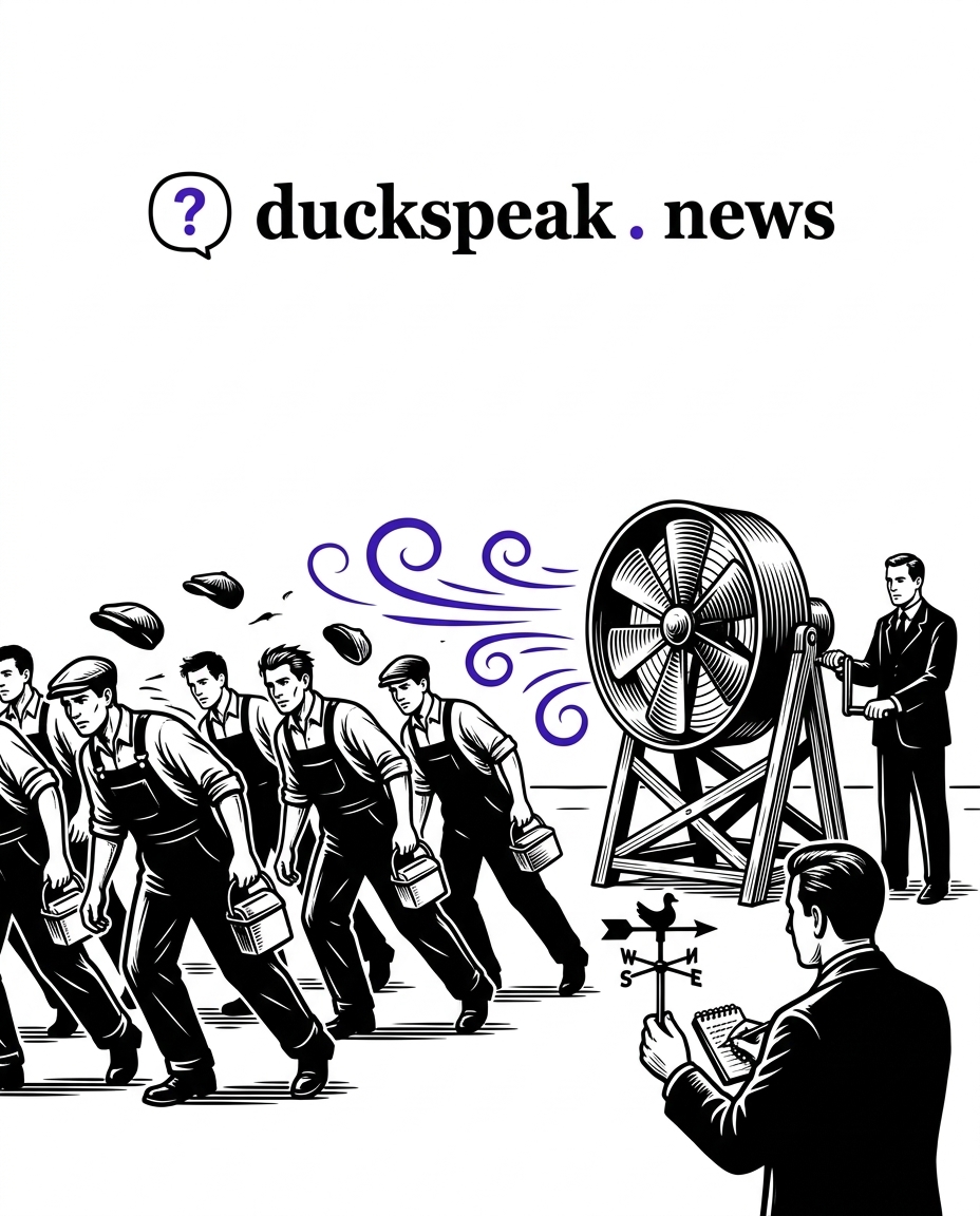 The workers walk into the gust with their caps flying off. He reads the weathervane and writes it down, back turned to the man at the crank.
