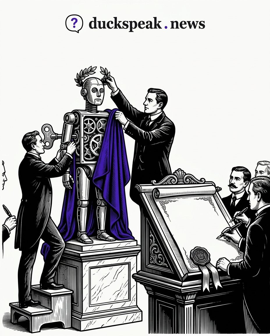 Velvet over the gears, a laurel on the head, and a hand still on the wind-up key. Beside it, the men with pens lean over a sealed parchment with nothing written on it.