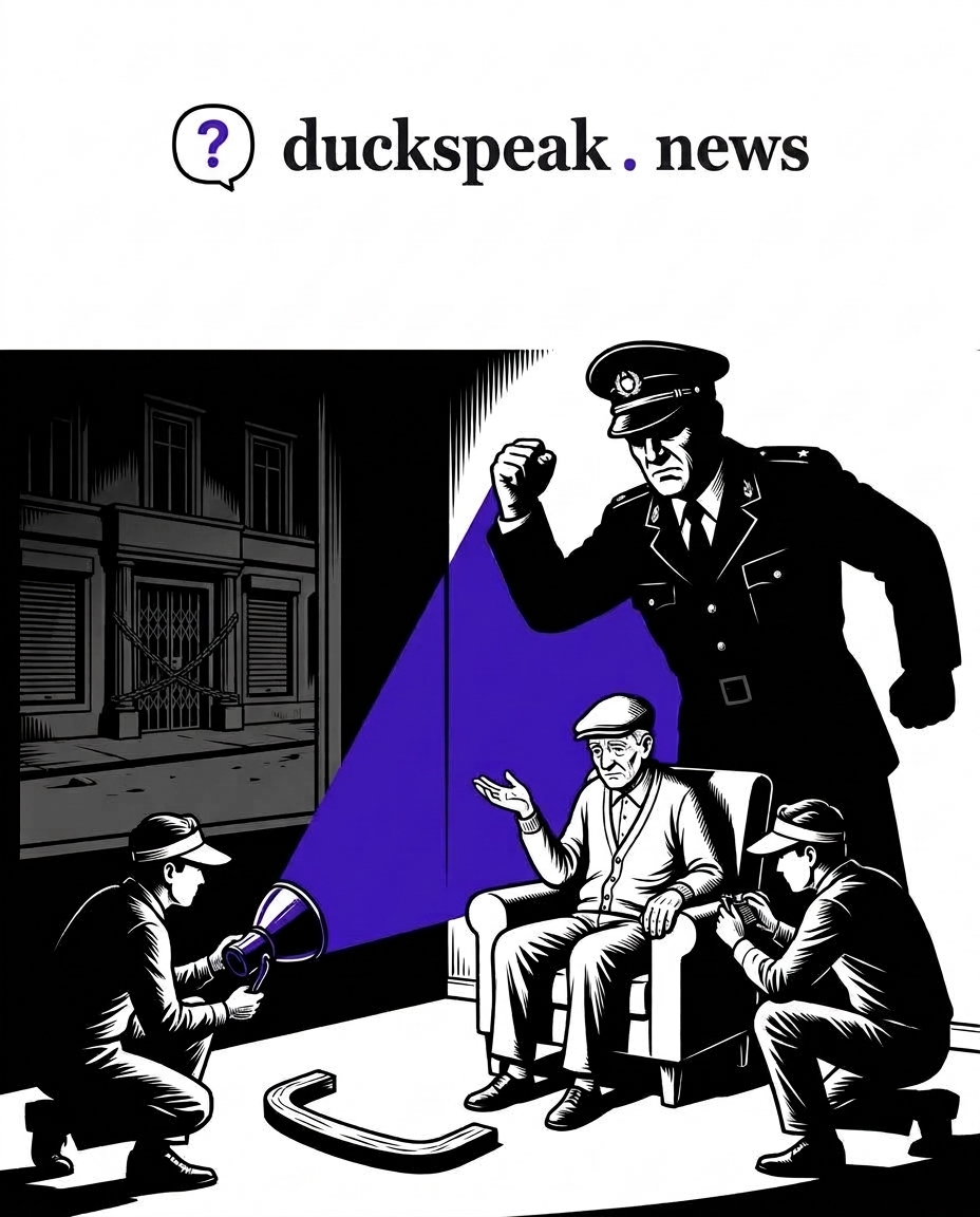 An old man in a cardigan shrugs out a guess. One crouching man aims a lamp at him, another takes notes, and behind him looms a uniformed chief with a raised fist. The bracket lies kicked across the floor, and through the window, the consulate's gates stay chained in the dark.
