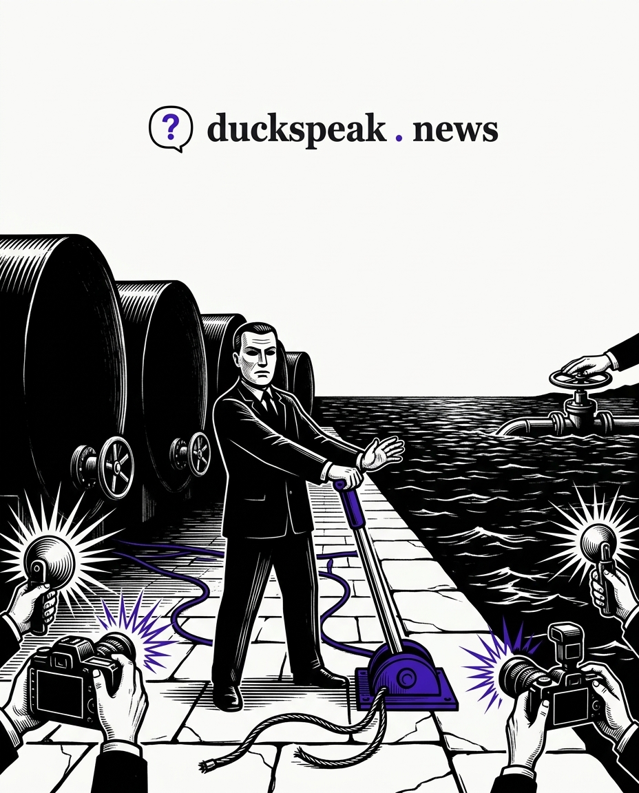 He hauls on the lever and holds up a hand to refuse, and the flashbulbs go off. Its rope trails frayed across the quay, tied to nothing. Out over the water, another hand turns the real valve, and the tanks behind him keep their wheels shut.