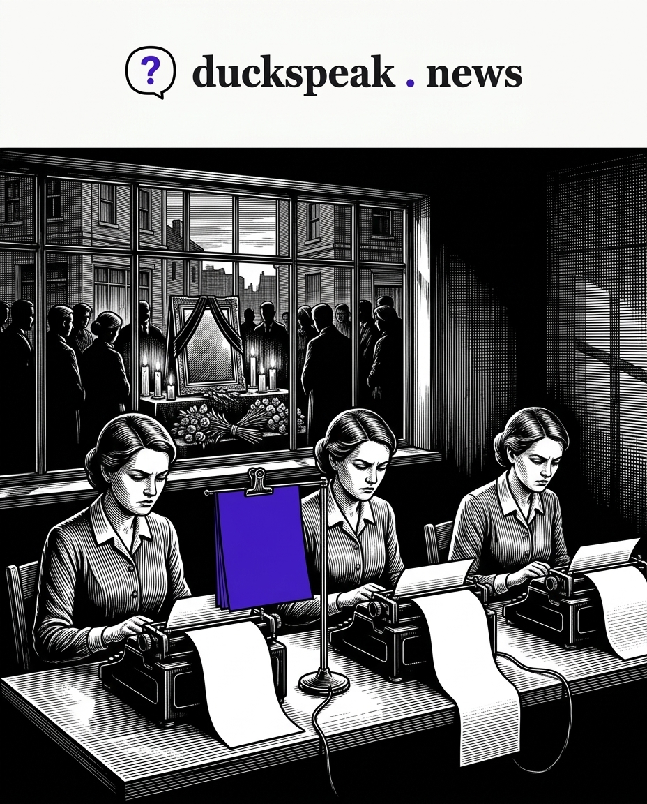 Three typists copy the same sheet, clipped on the stand between them, line for line. Through the window, the crowd stands around the candles, and nobody goes out to ask them anything.