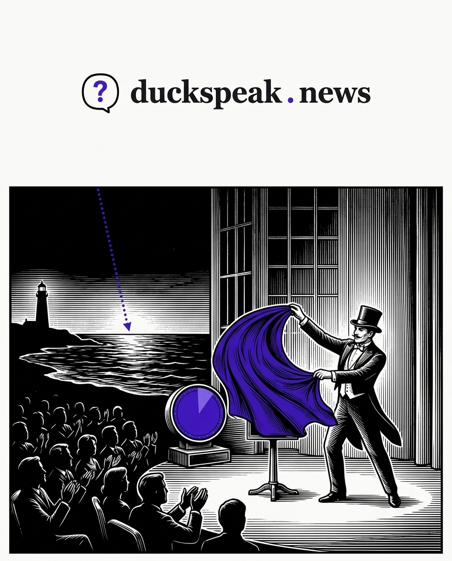 He sweeps the cloth off the empty stand, the radar shows nothing, and the audience applauds the vanishing. Out past the stage, a dotted line drops straight into the sea within sight of the lighthouse.