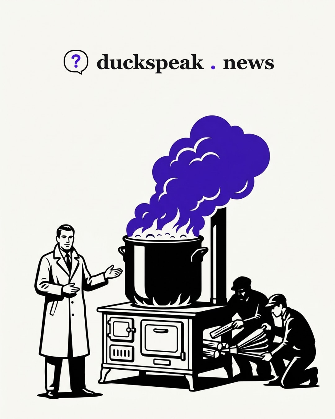 The reporter presents the pot as if it boiled over on its own, steam pouring off the top. Behind the stove, in plain view of anyone who looks, two men keep feeding the fire.