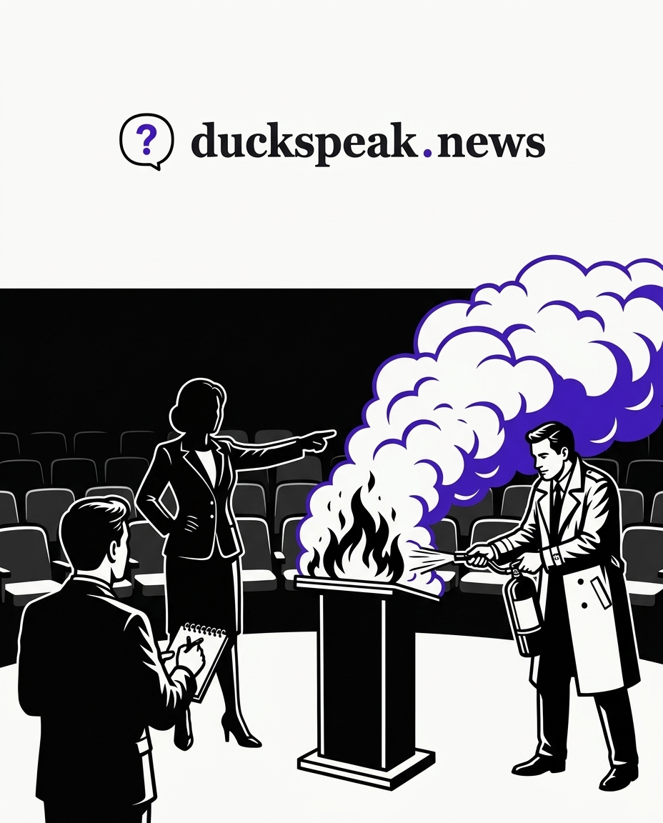 Les flammes montent du pupitre et il les noie sous un nuage de mousse. Elle pointe du doigt ; le reporter, lui, ne note que sa réaction, le dos tourné au feu.