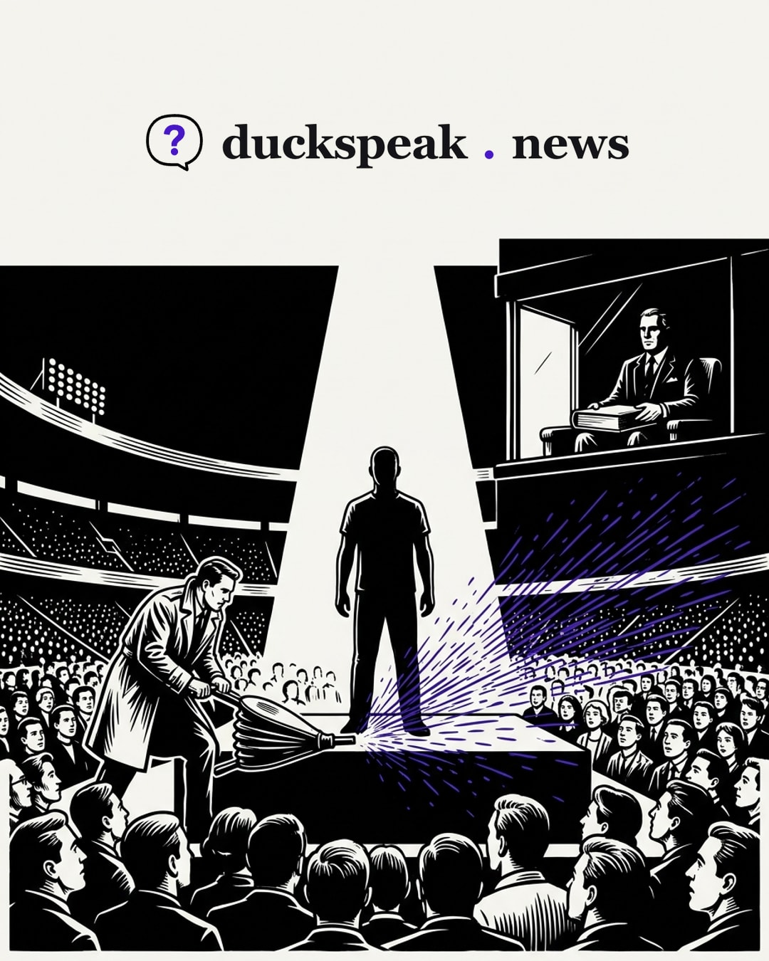 He pumps the bellows at the performer's feet, and the sparks fly out over the crowd: a debate, sparked on schedule. Up in the owner's box, the rulebook stays shut on his lap.