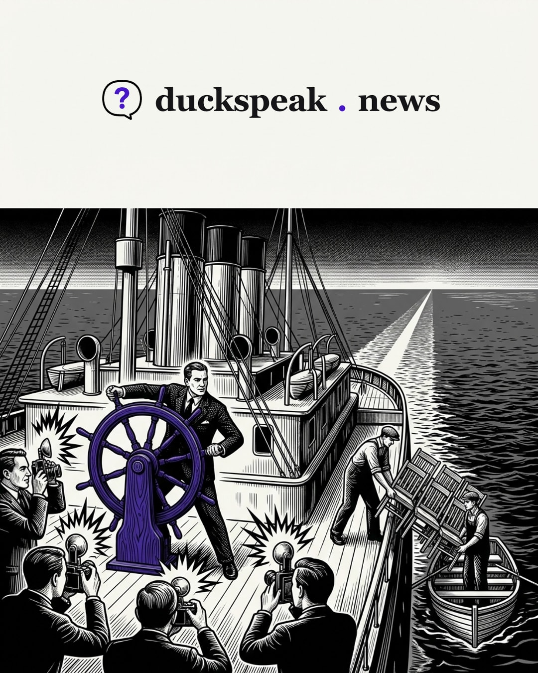 He poses with one hand on the wheel, and all four flashbulbs go off. In the shadow past the railing, the folded chairs keep going over the side into the rowboat, and the wake runs straight to a single point on the horizon.