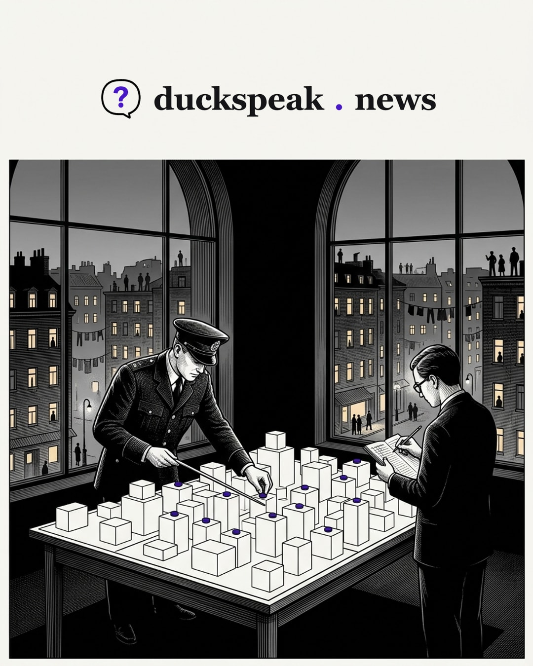 L'un, en uniforme, pose un pion sur un toit de la maquette ; l'autre, en costume, tient le compte dans son carnet. Par les vitres, la ville a encore ses fenêtres allumées et ses silhouettes sur les toits ; la maquette, elle, n'en compte aucune.