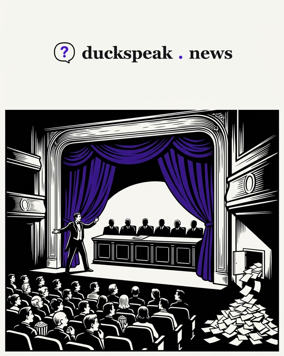 He sweeps the curtain back on the bench and its single sheet of paper, and the house settles in with its popcorn. Down in the corner, the hatch keeps feeding papers onto a pile that dwarfs it, and nobody turns from the stage.