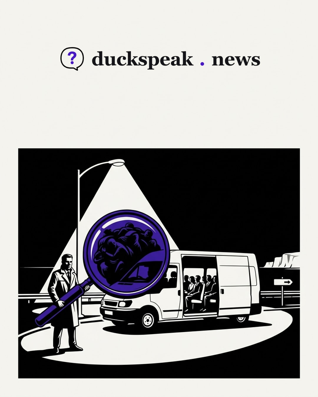 He holds the magnifying glass up to the van, where the passengers sit upright in their rows. Through the lens they become one huddled heap: the glass doesn't magnify the scene, it retitles it. At the edge, the signpost points off toward the white cliffs.