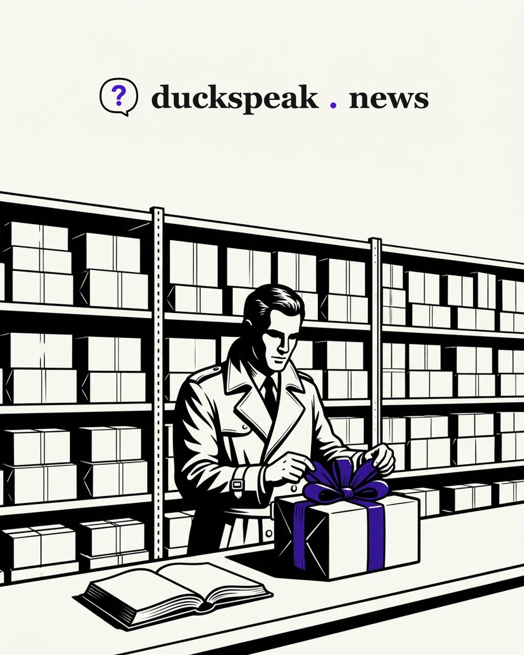 He ties a bow on one parcel at the counter, and a duty becomes a gift. Behind him, the shelves hold thousands just like it, and the open rulebook by his elbow goes unread.