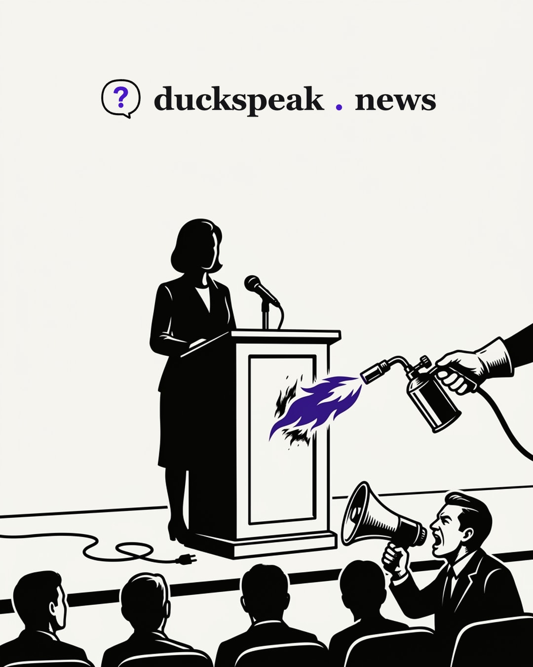 A hand from beyond the frame turns the torch on her lectern, and whoever it belongs to never appears. Her microphone cable lies unplugged on the stage, while the megaphone in the front row fills the silence.