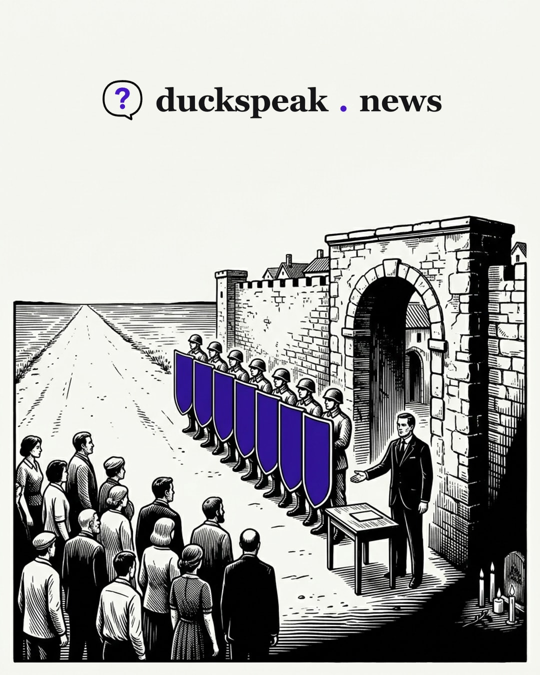 The shields go up facing the townspeople, the open road behind the soldiers left empty to the horizon. Beside the gate, the official opens a calm hand, and at the foot of the wall the candles burn where nobody looks.