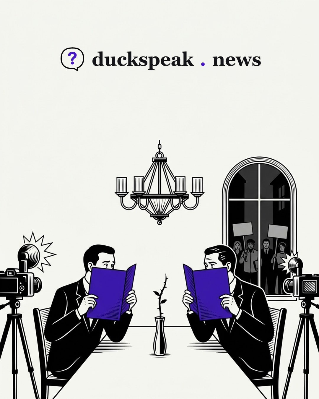 Behind identical folders, the two officials read the same lines to each other, eyes on the thorny stem between them, and the cameras flash. Through the window, the residents' placards wait outside, unread.
