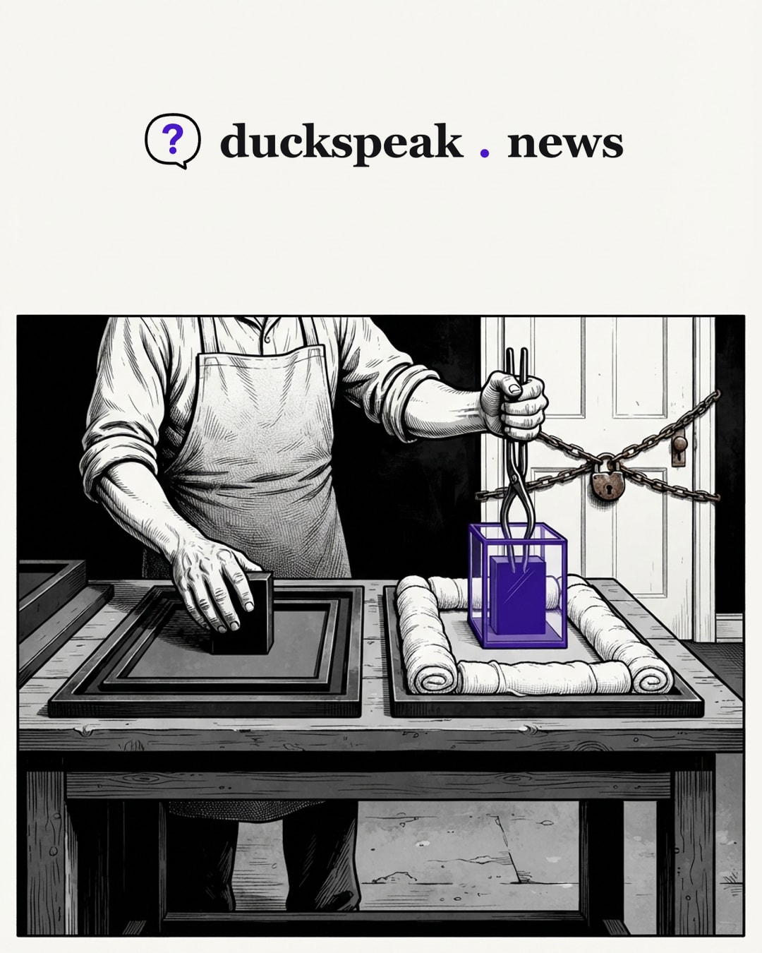 Into one page the black block goes by hand, straight in; into the other it goes at arm's length, in tongs, sealed in glass and padded with gauze. Same block, two handlings, and behind him the chained door that could settle which page is right stays shut.