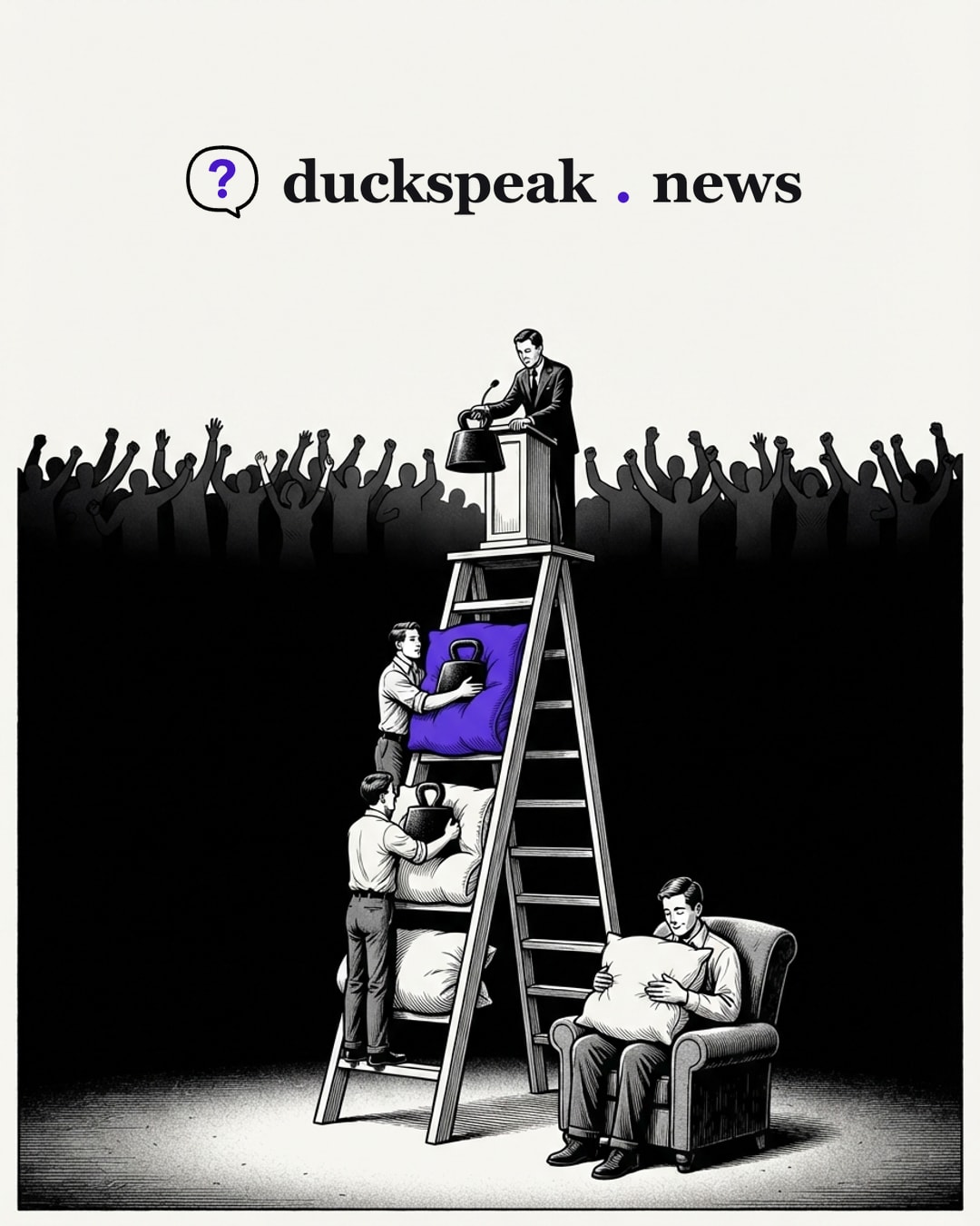 At the top of the ladder the weight is iron; one rung down it sits on a cushion, then on another. By the armchair the reader is hugging a pillow and smiling, while behind the podium the crowd that cheered is left in the dark.