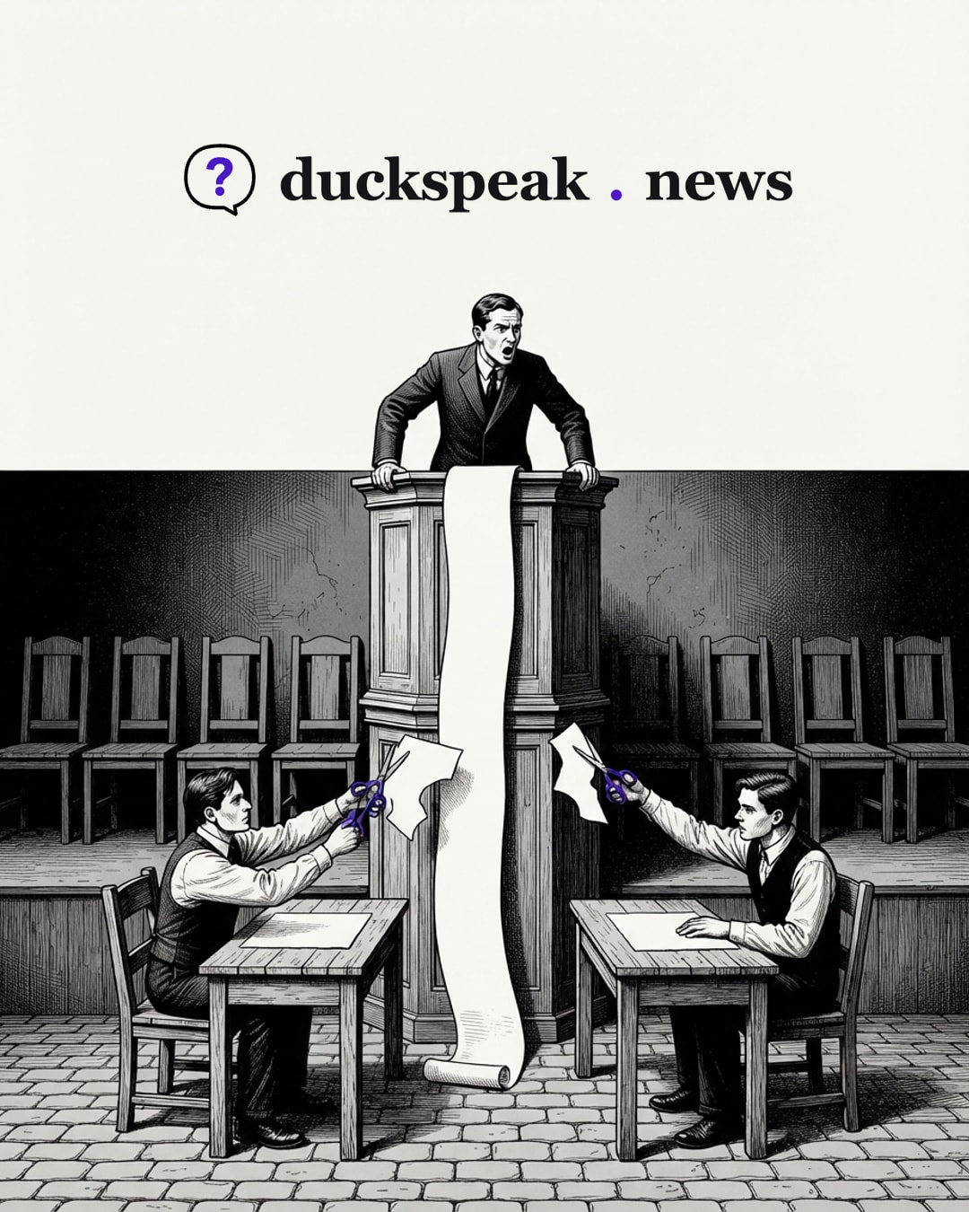 Gripping the pulpit, the spokesman leans into his sermon as the scroll runs to the floor; below, each clerk snips a different piece for his own page. Neither holds the whole sermon, and behind them the rows of empty chairs go uncounted.