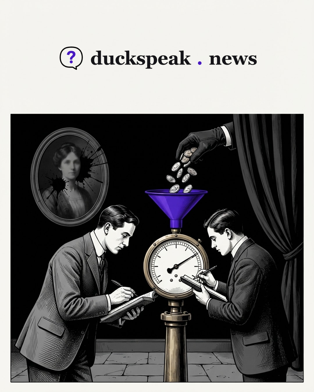 A gloved hand drops coins into the funnel and the needle climbs; the two analysts write down the reading as if the gauge had measured something. On the wall behind them, the ink-splashed portrait hangs unexamined.