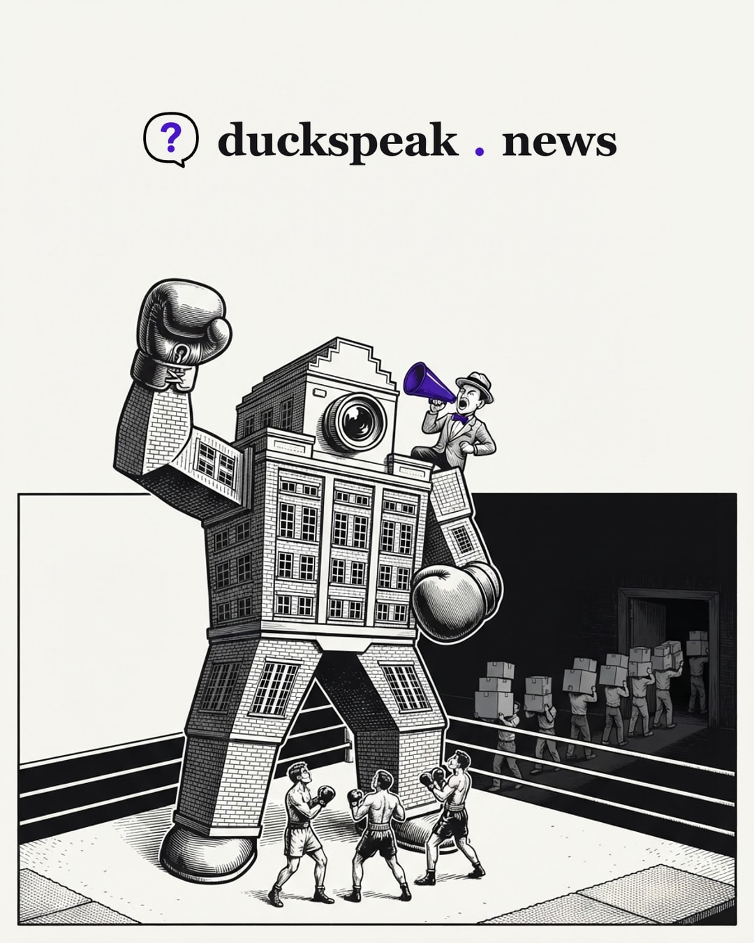 The colossus raises its glove over the three small boxers left in the ring, and from its own shoulder the announcer calls the fight. Out the back door, in the dark, the workers carry their boxes away.